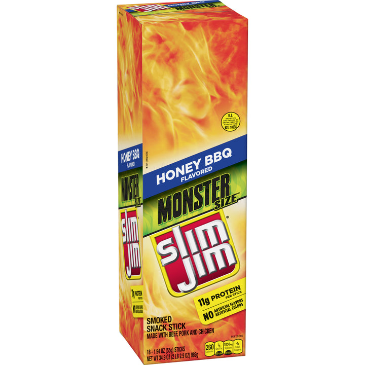 Slim Jim Monster Honey Barbecue Flavored Smoked Meat Snack Sticks-1.94 oz.-18/Box-6/Case
