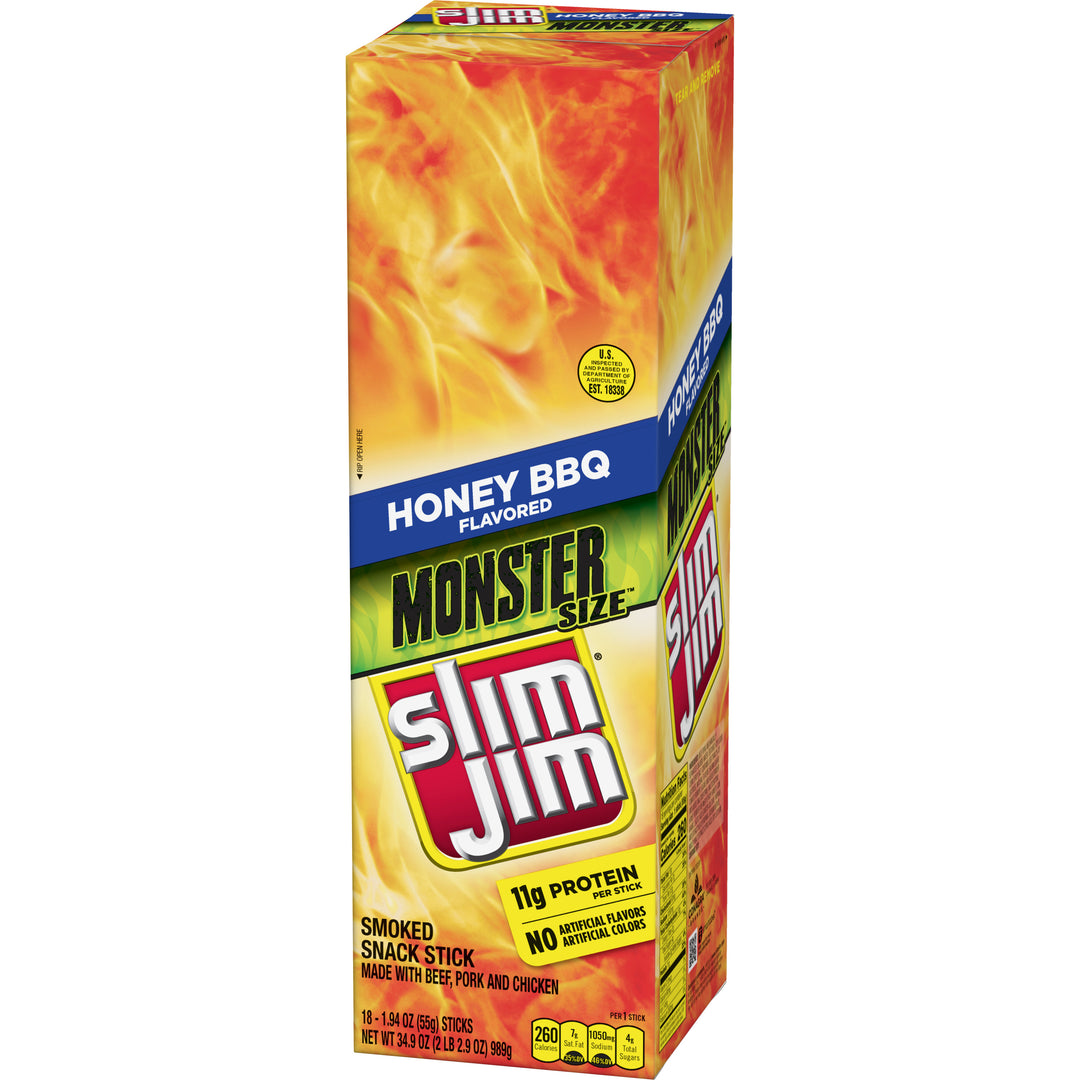 Slim Jim Monster Honey Barbecue Flavored Smoked Meat Snack Sticks-1.94 oz.-18/Box-6/Case