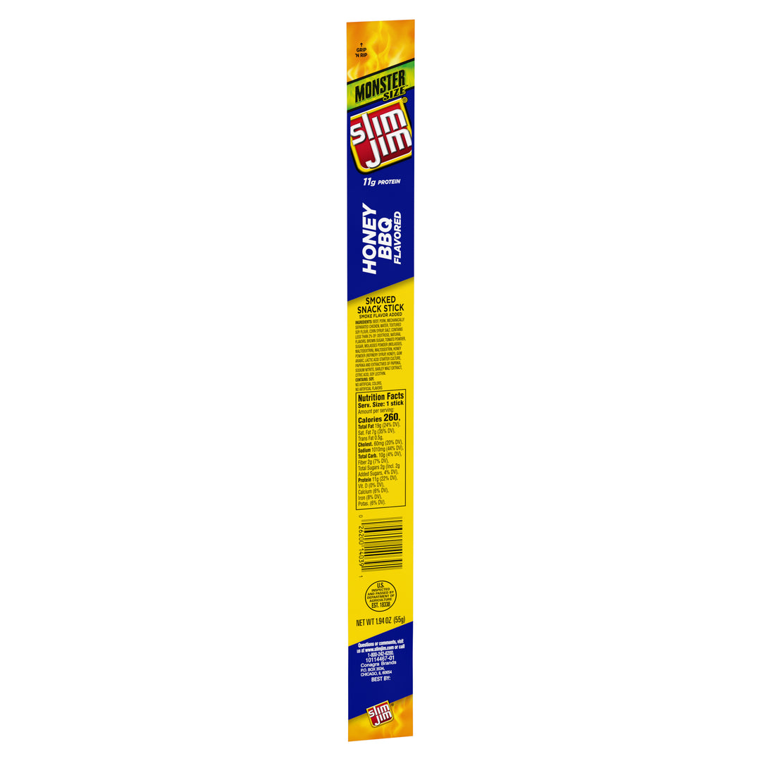 Slim Jim Monster Honey Barbecue Flavored Smoked Meat Snack Sticks-1.94 oz.-18/Box-6/Case
