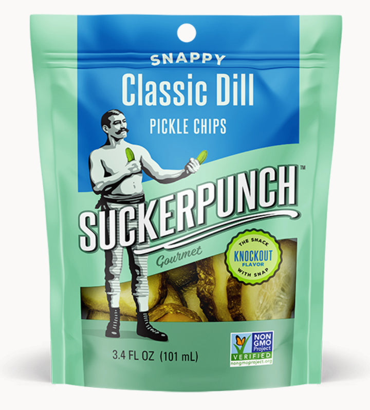 Suckerpunch Gourmet Dill Classic 1-12 Count Pickle Chip Single Serve Pouch-3.4 fl oz.-12/Case