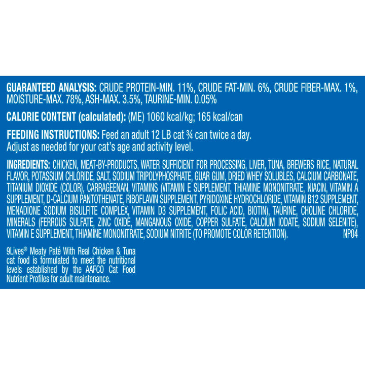 9 Lives Meaty Pate Chicken And Tuna Cat Food Singles-5.5 oz.-24/Case