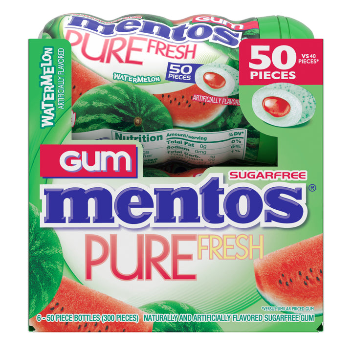 Mentos Sugar Free Pure Fresh Gum Watermelon Curvy Bottle-50 Piece-6/Box-6/Case