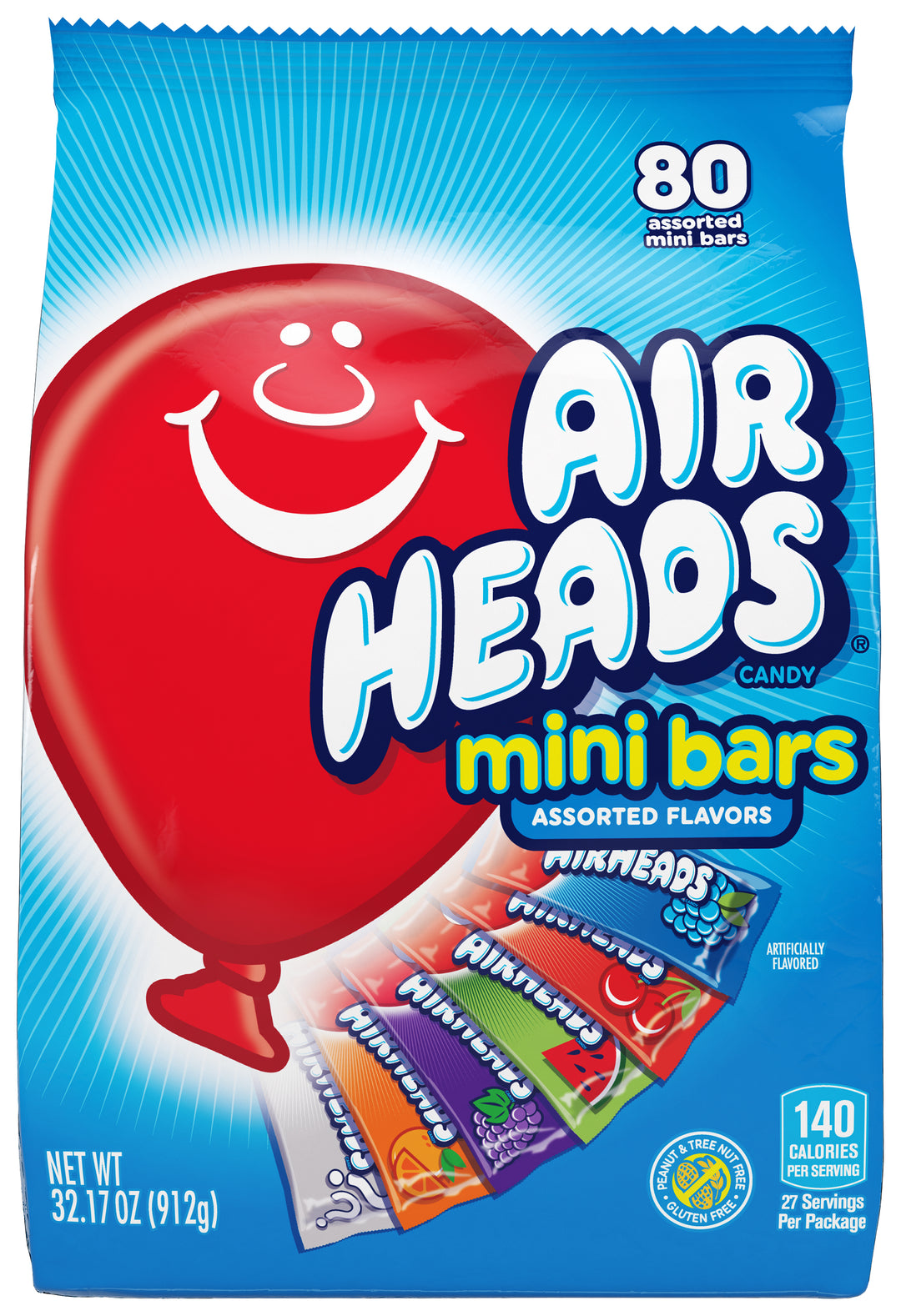 Airheads Mini Assorted Flavor Grape-Orange-Cherry-White Mystery-Blue Raspberry-And Watermelon-32.17 oz.-4/Case