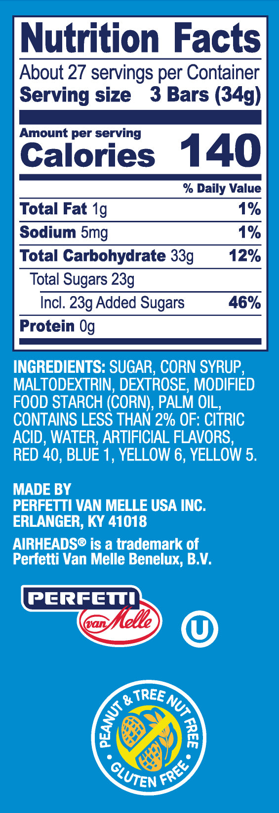 Airheads Mini Assorted Flavor Grape-Orange-Cherry-White Mystery-Blue Raspberry-And Watermelon-32.17 oz.-4/Case