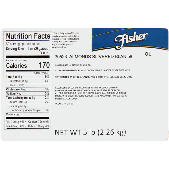 Fisher Blanched Slivered Almonds-5 lb.-1/Case