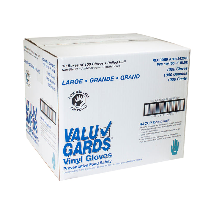 Valugards Vinyl Blue Powder Free Large Glove-100 Each-100/Box-10/Case