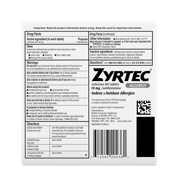 Zyrtec 10 Milligram 24 Hour Allergy-30 Count-4/Box-6/Case