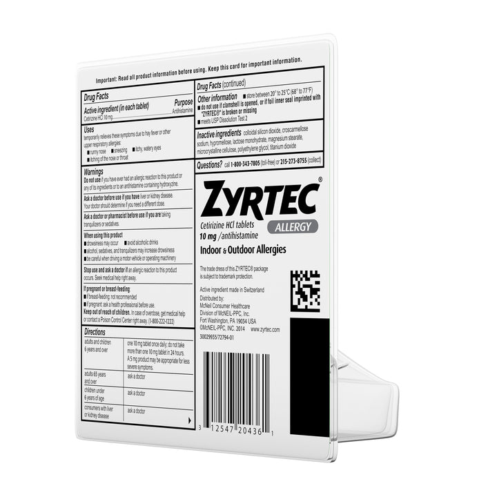 Zyrtec 10 Milligram 24 Hour Allergy-30 Count-4/Box-6/Case