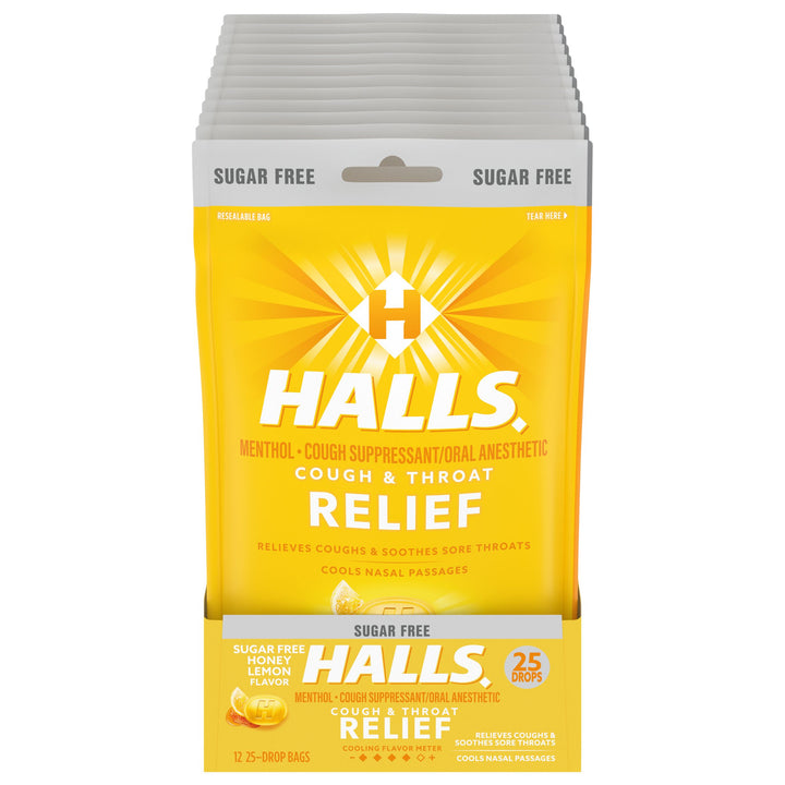 Halls Sugar Free Menthol Lyptus Honey Lemon Cough Drops-25 Count-12/Box-4/Case