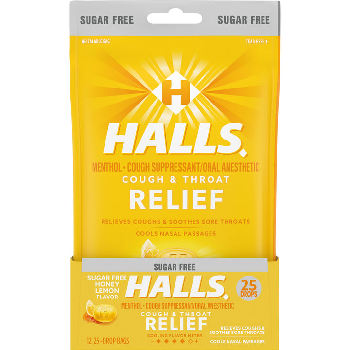 Halls Sugar Free Menthol Lyptus Honey Lemon Cough Drops-25 Count-12/Box-4/Case