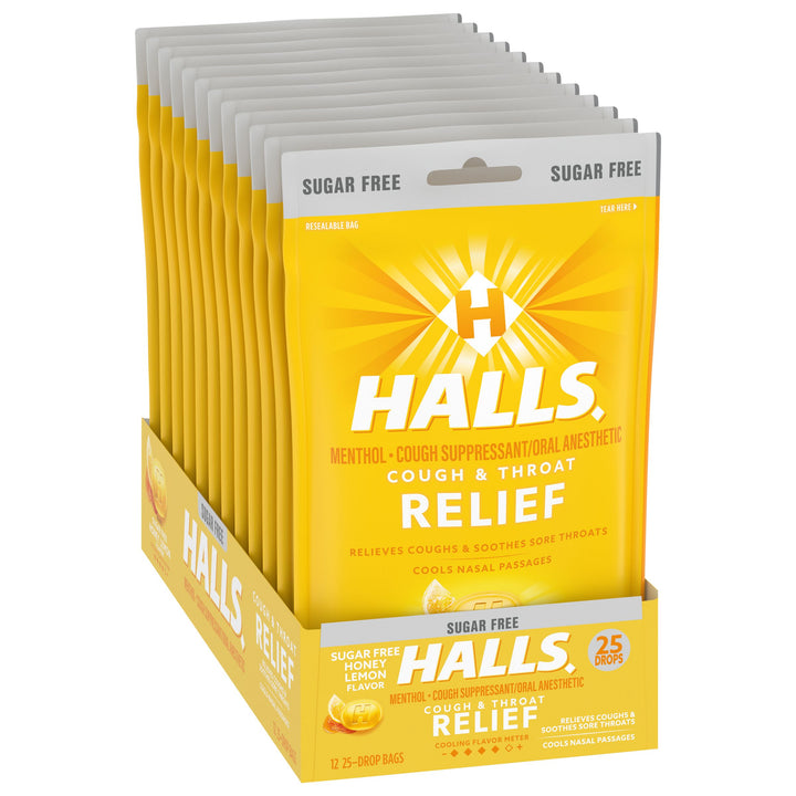 Halls Sugar Free Menthol Lyptus Honey Lemon Cough Drops-25 Count-12/Box-4/Case