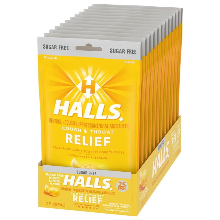 Halls Sugar Free Menthol Lyptus Honey Lemon Cough Drops-25 Count-12/Box-4/Case