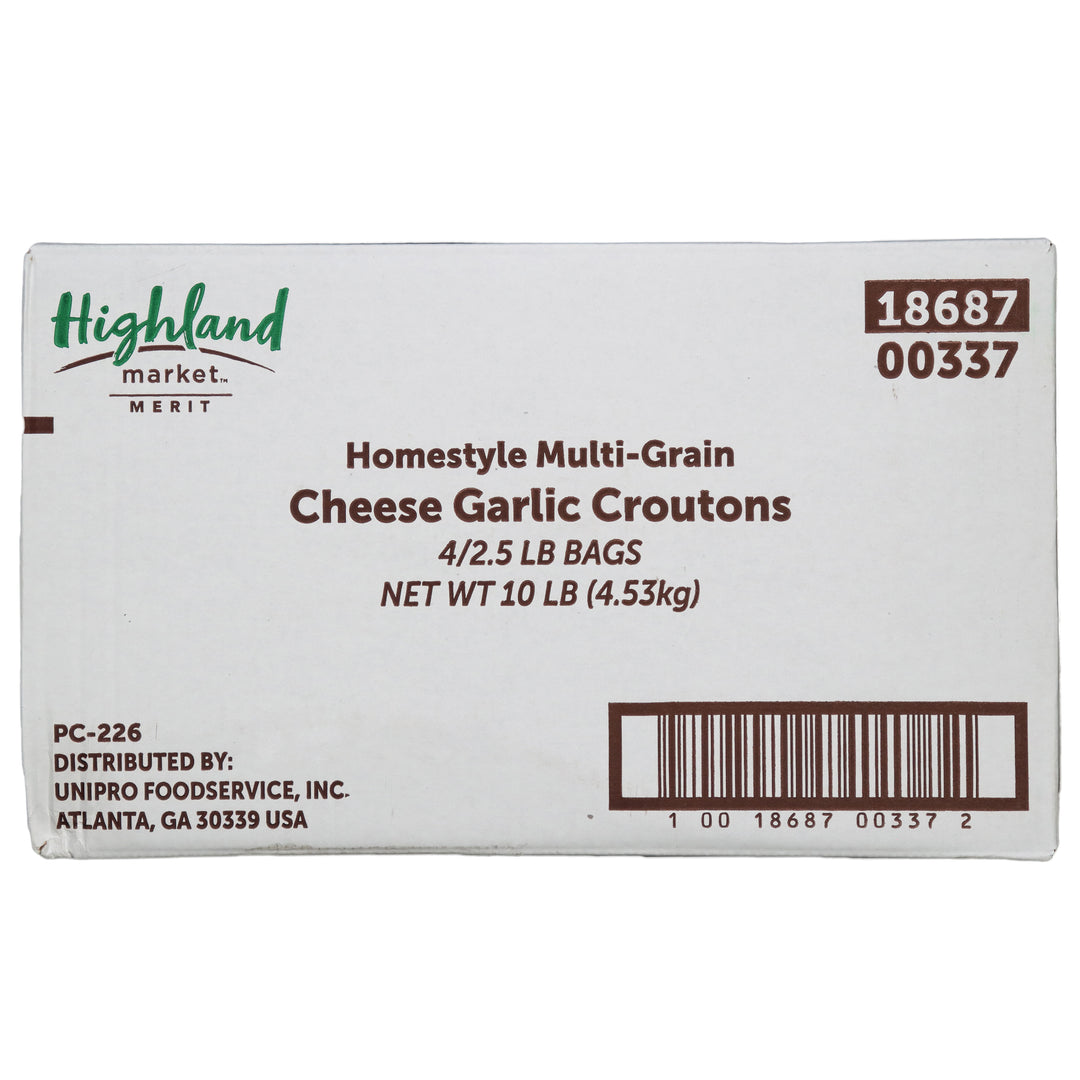 Highland Market Merit Homestyle Multi Grain Cheese Garlic Crouton Bulk-2.5 lbs.-4/Case