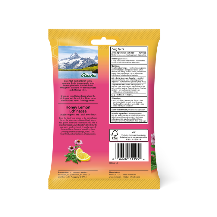Ricola Echinacea Honey Lemon Cough Drops Bags-19 Each-8/Box-6/Case
