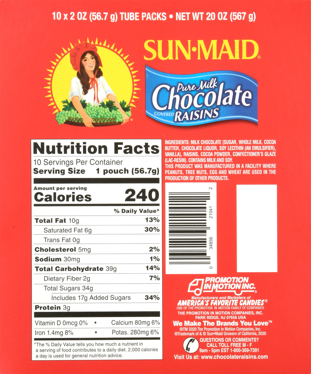 Sunmaid Milk Chocolate Raisins-2 oz.-10/Box-4/Case