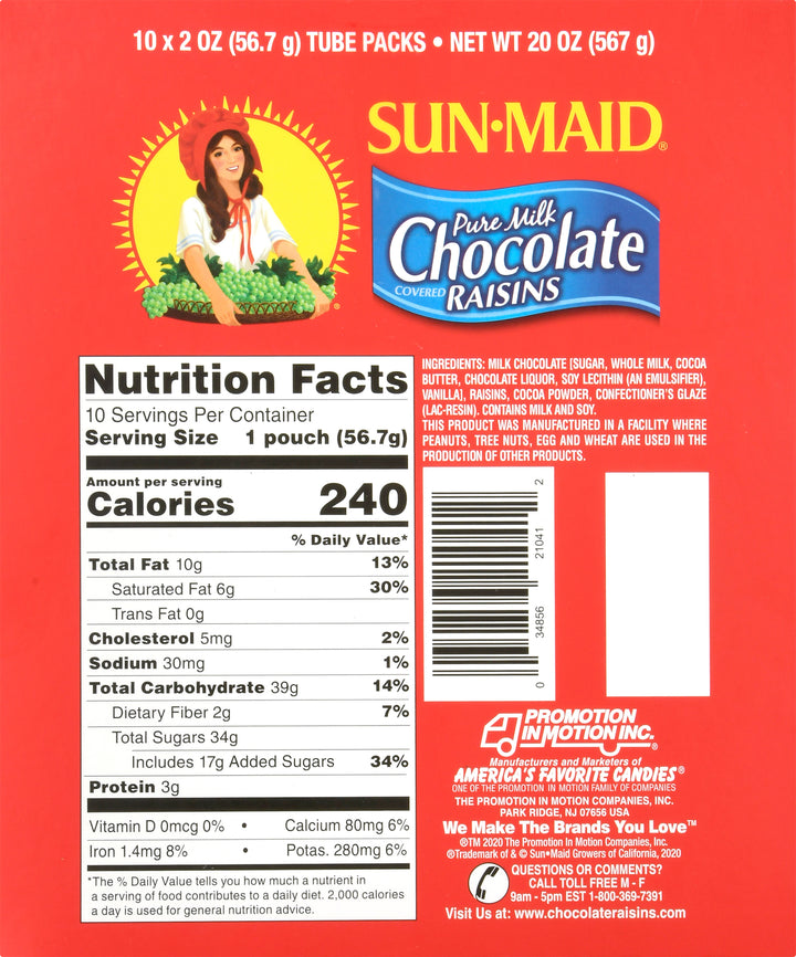 Sunmaid Milk Chocolate Raisins-2 oz.-10/Box-4/Case