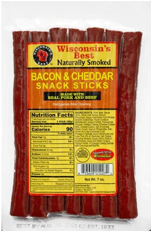 Wisconsins Best Bacon & Cheddar Cheese Snack Sticks Meat Snack Stick Value Pack Sticks-7 oz.-12/Case