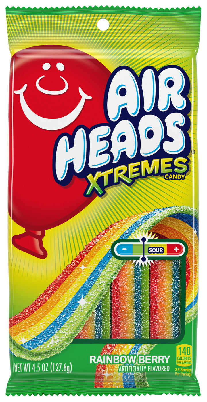 Airheads Xtremes Sweetly Sour Rainbow Berry Candy Belts Packs With Display Ready Tray-4.5 oz.-12/Case