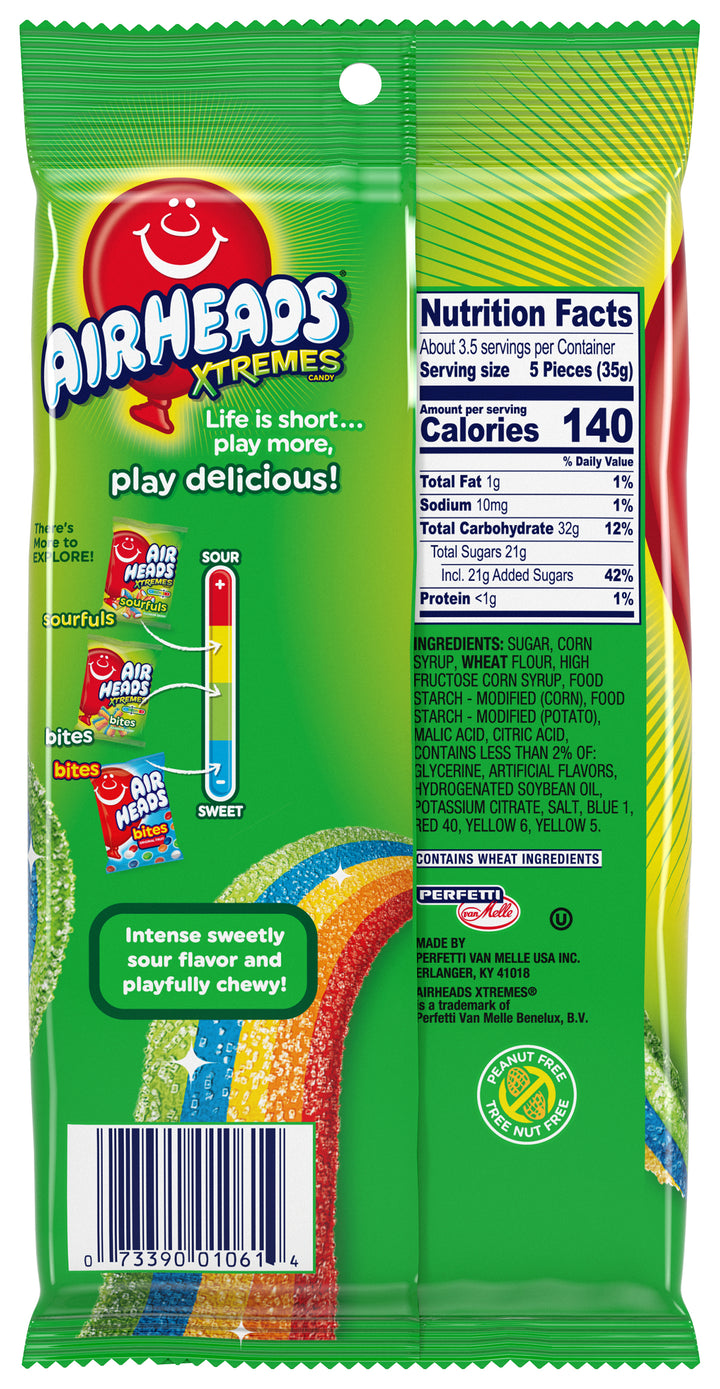 Airheads Xtremes Sweetly Sour Rainbow Berry Candy Belts Packs With Display Ready Tray-4.5 oz.-12/Case
