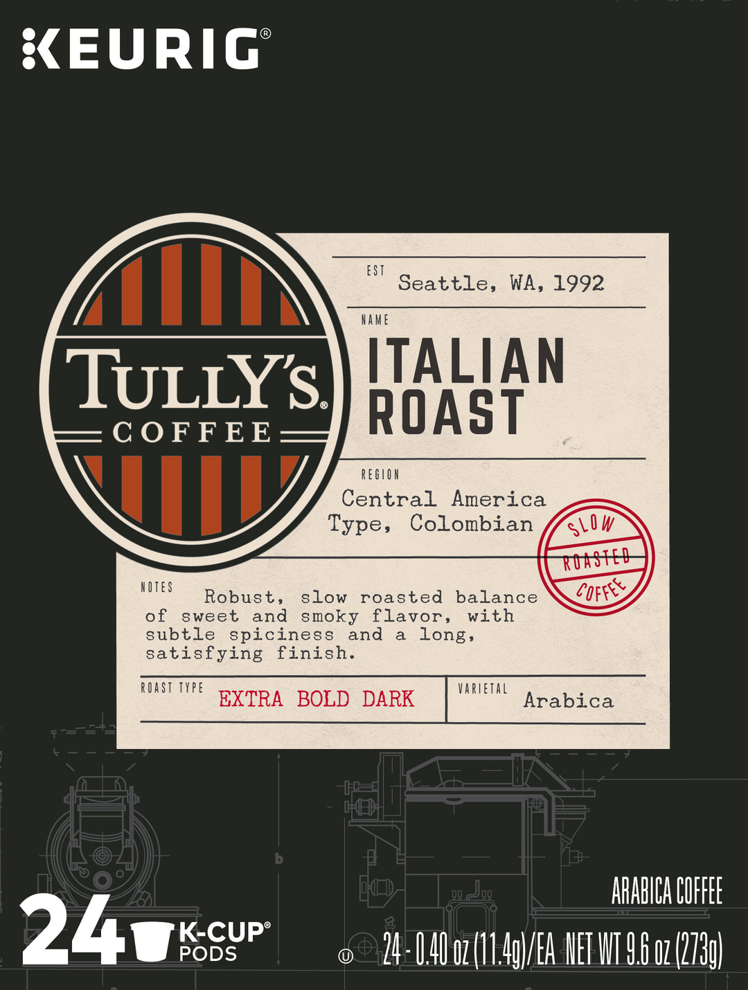 Tullys Coffee K-Cup Pod Italian Roast-24 Count-4/Case