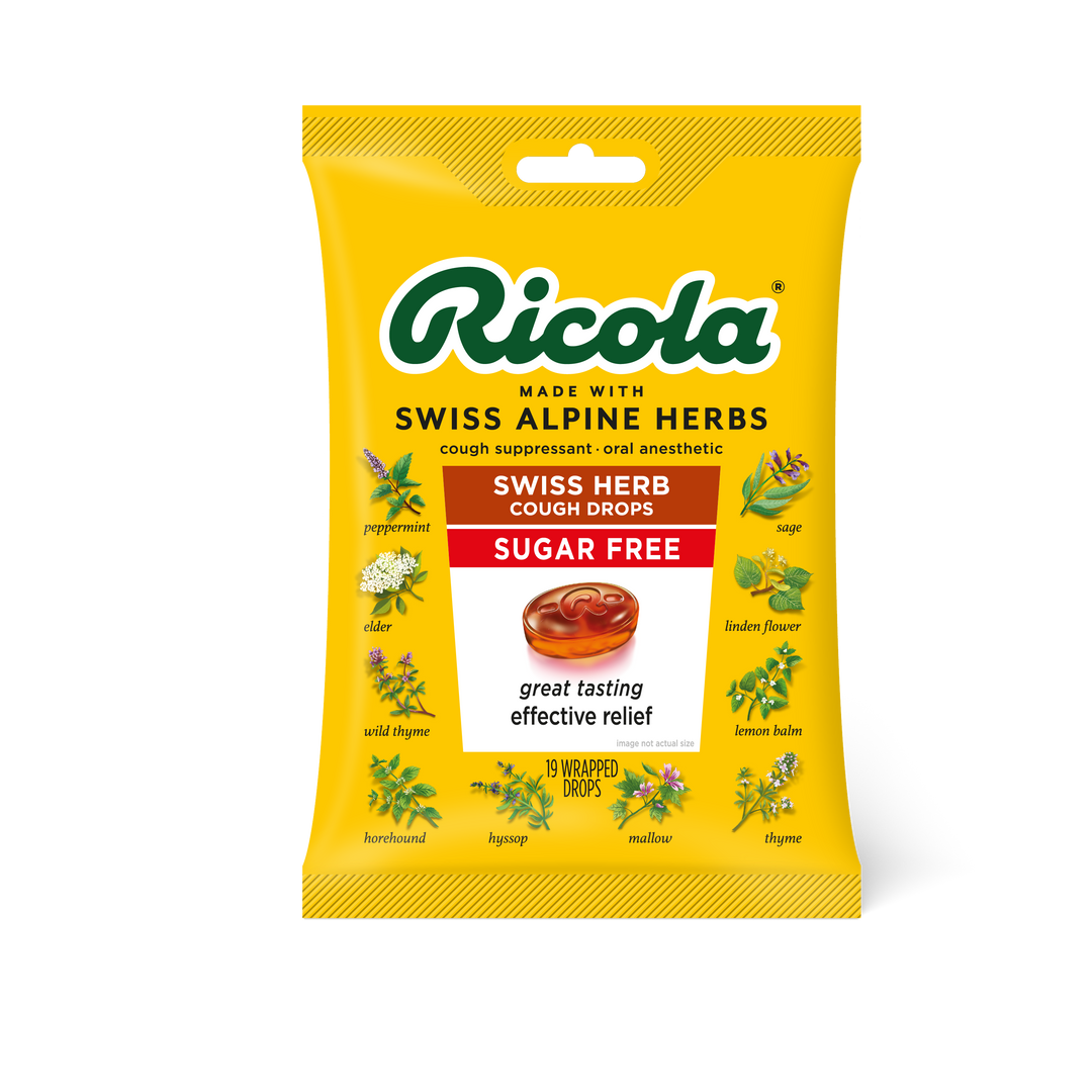 Ricola Unsweetened Swiss Herbed Cough Drop Bags-19 Count-8/Box-6/Case