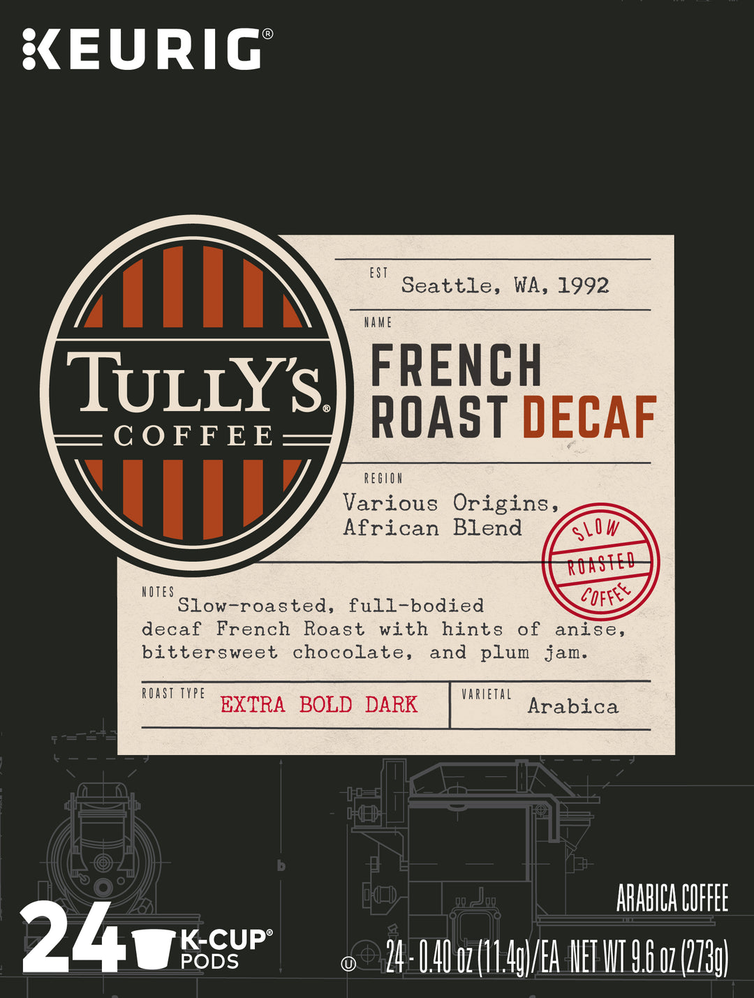 Tullys Coffee K-Cup Pod French Roast Decaffeinated-24 Count-4/Case