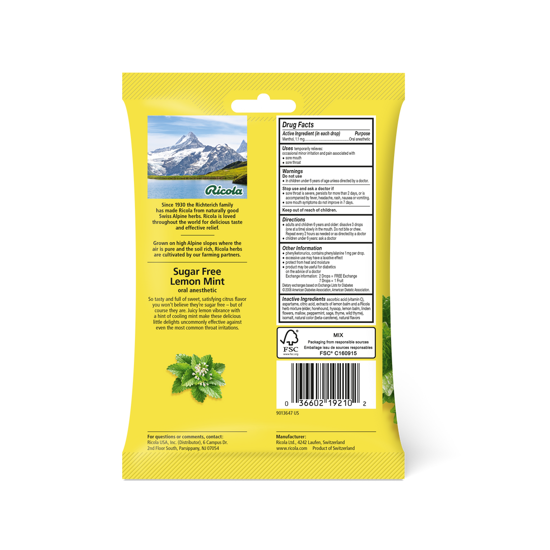 Ricola Unsweetened Lemon Mint Cough Drop Bags-19 Count-8/Box-6/Case