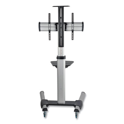 Flat Panel Floor Stand, Tilt Range: -12° To +5°, Metal, 1 Shelf, 110 Lb Capacity, 32.6" X 27.6" X 81.5", Silver/black