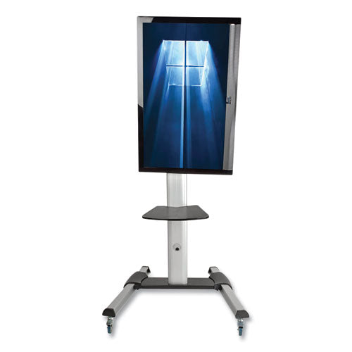 Flat Panel Floor Stand, Tilt Range: -12° To +5°, Metal, 1 Shelf, 110 Lb Capacity, 32.6" X 27.6" X 81.5", Silver/black
