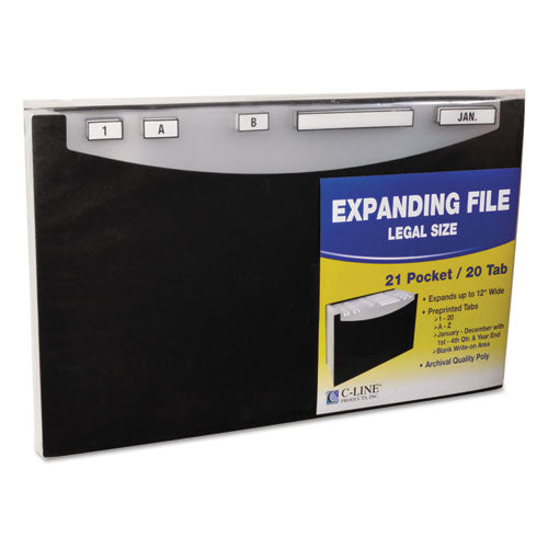 21-pocket Stand-up Design Expanding File, 12" Expansion, 21 Sections, 1/5-cut Tabs, Legal Size, Black