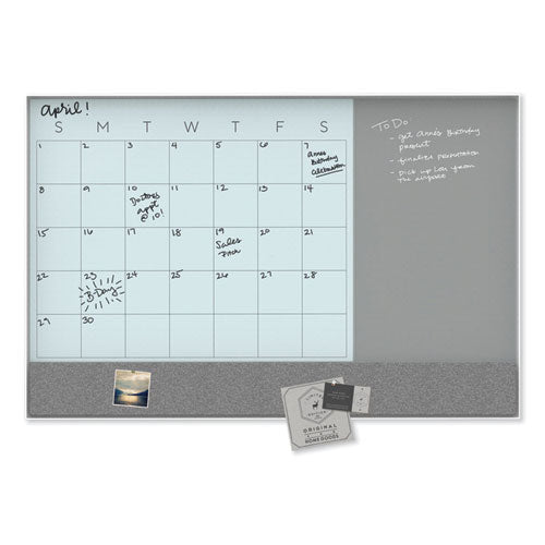3n1 Magnetic Glass Dry Erase Combo Board, Monthly Calendar, 24 X 18, White/gray Surface, White Aluminum Frame