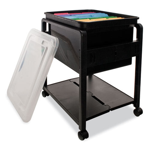 Folding Mobile File Cart, Plastic, 1 Shelf, 1 Bin, 14.5" X 18.5" X 21.75", Black