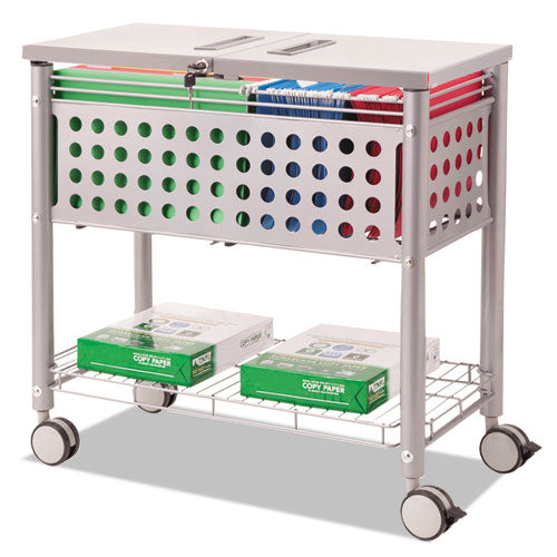 File Cart With Open Top, Metal, 1 Shelf, 2 Bins, 28.25" X 13.75" X 27.38", Matte Gray
