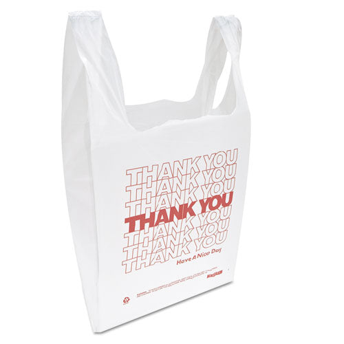 "thank You" Handled T-shirt Bag, 0.167 Bbl, 12.5 Microns, 11.5" X 21", White, 900/carton