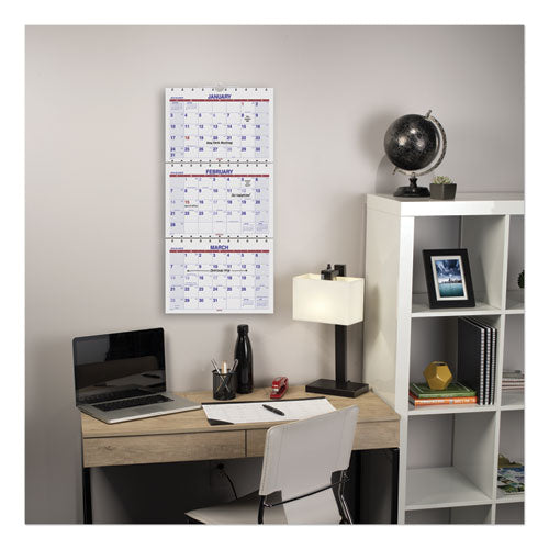 Move-a-page Three-month Wall Calendar, 12 X 27, White/red/blue Sheets, 15-month (dec To Feb): 2022 To 2024