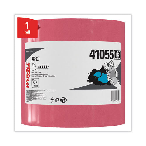 Power Clean X80 Heavy Duty Cloths, Jumbo Roll, 12.4 X 12.2, Red, 475 Wipers/roll