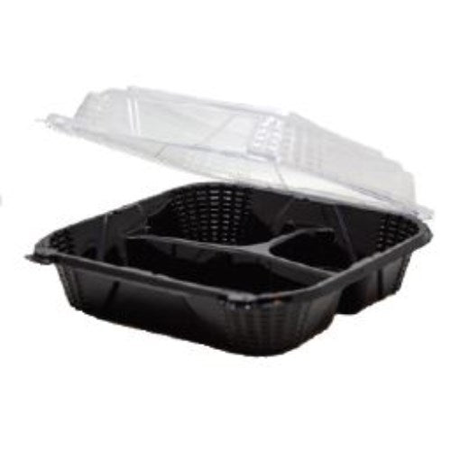 Eco Systems PP 3-Compartment Hinged Lid Container Black 9x9x3 150/Case