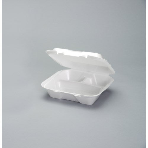 3 Compartment Vented Foam Hinged Container White - 9.25" X 9.25" X 3" 200/Case
