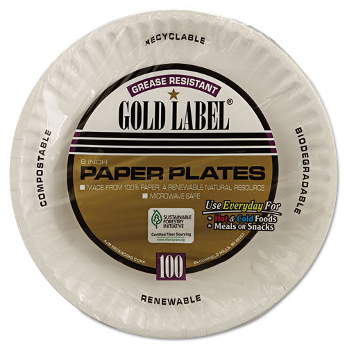 AJM Packaging Corporation Gold Label Coated Paper Plates 9" Dia White 100/pack 10 Packs/Case