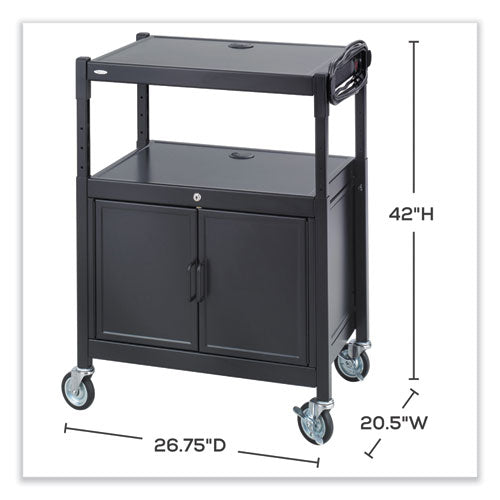 Safco Steel Adjustable Av Cart W/cabinet Metal 3 Shelf 6 Ac Outlets 40 Lb Cap 26.75x20.5x42 Black