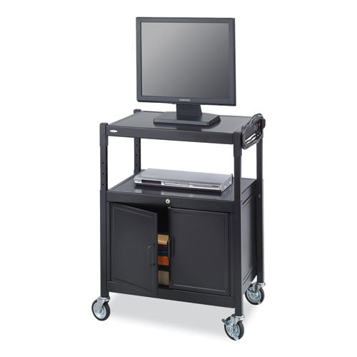 Safco Steel Adjustable Av Cart W/cabinet Metal 3 Shelf 6 Ac Outlets 40 Lb Cap 26.75x20.5x42 Black