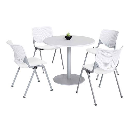 KFI Studios Pedestal Table With Four White Kool Series Chairs Round 36" Diax29h Designer White