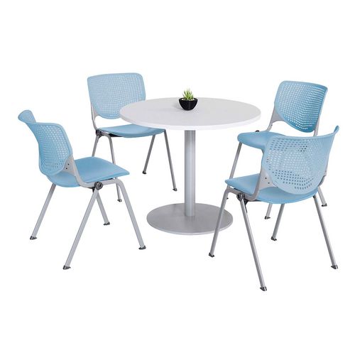 KFI Studios Pedestal Table With Four Sky Blue Kool Series Chairs Round 36" Diax29h Designer White