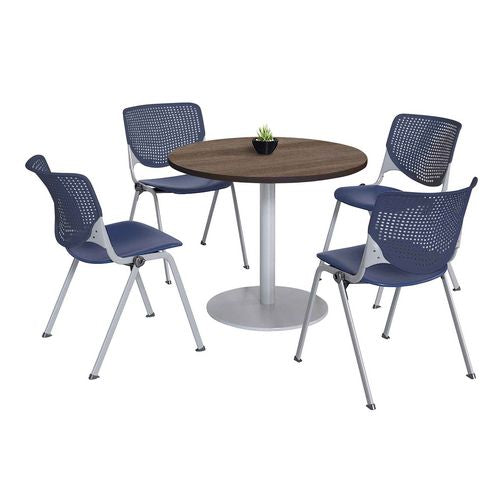 KFI Studios Pedestal Table With Four Navy Kool Series Chairs Round 36" Diax29h Studio Teak