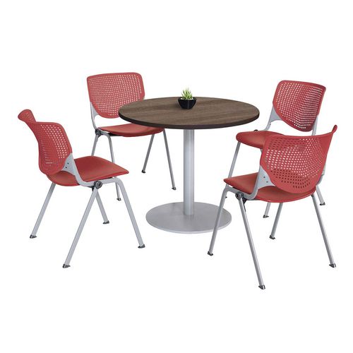 KFI Studios Pedestal Table With Four Coral Kool Series Chairs Round 36" Diax29h Studio Teak