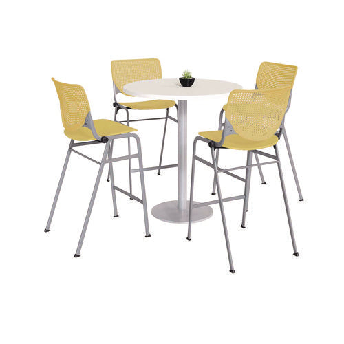 KFI Studios Pedestal Bistro Table With Four Yellow Kool Series Barstools Round 36"diax41h Designer White