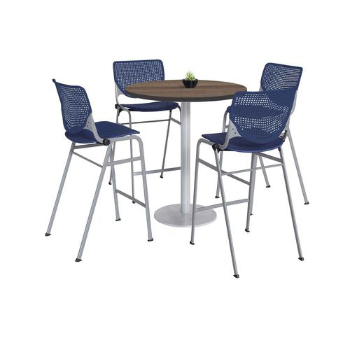 KFI Studios Pedestal Bistro Table With Four Navy Kool Series Barstools Round 36" Diax41h Studio Teak