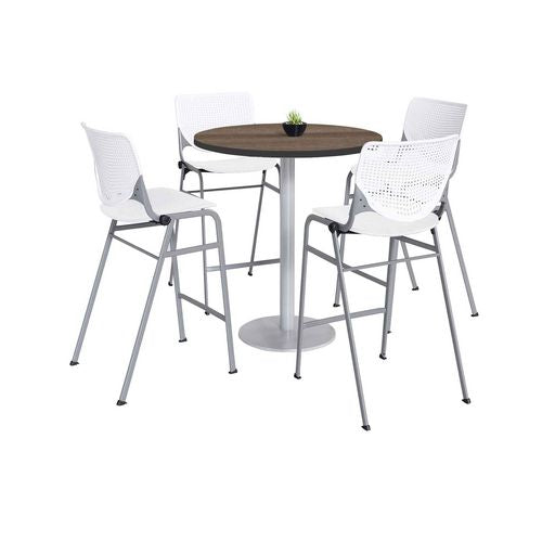 KFI Studios Pedestal Bistro Table With Four White Kool Series Barstools Round 36" Diax41h Studio Teak
