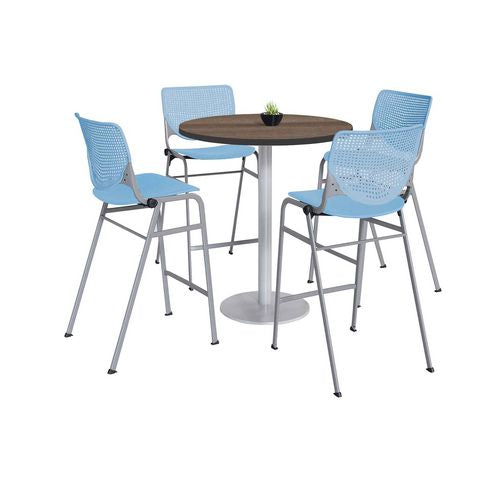 KFI Studios Pedestal Bistro Table With Four Sky Blue Kool Series Barstools Round 36" Diax41h Studio Teak