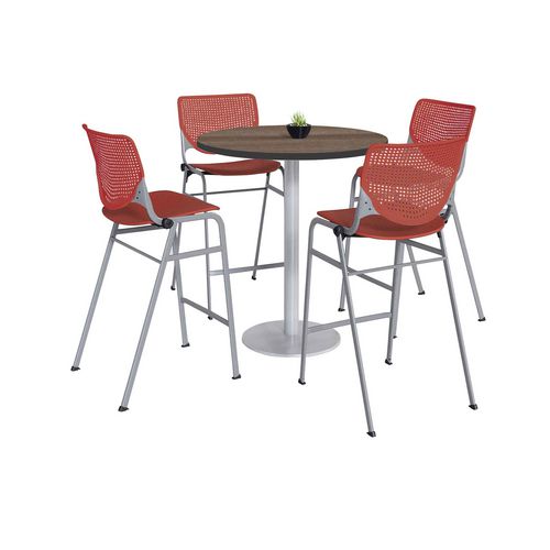 KFI Studios Pedestal Bistro Table With Four Coral Kool Series Barstools Round 36" Diax41h Studio Teak